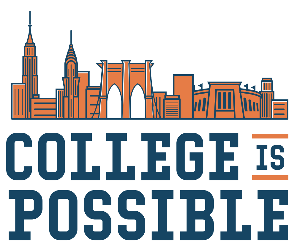 A city skyline, with text underneath that reads "College is possible"